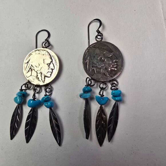 Vintage Navajo Sterling Buffalo Nickel Turquoise Feather Dangle Earrings Native - Picture 7 of 9